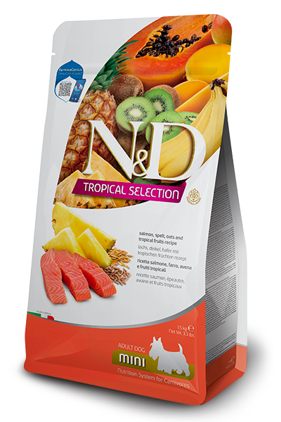 N&D TROPICAL SELECTION - Salmón y Frutas - Razas mini Adulto - 2.5 Kg